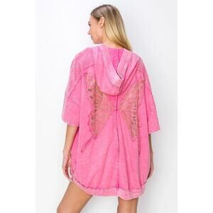 J.Her Mineral Wash Butterfly Hoodie Open Front Oversized Shacket Pink Size 3XL